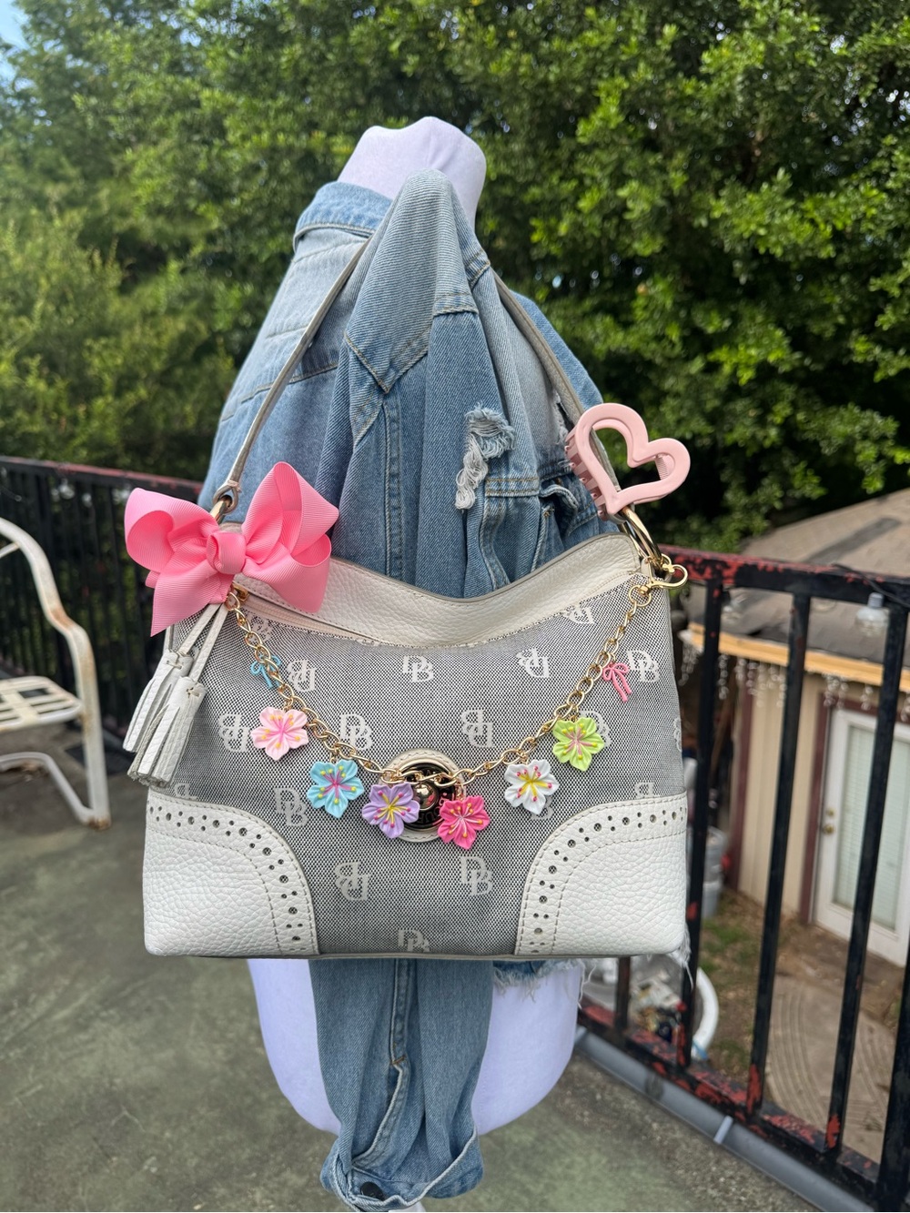 Dooney & Bourke Gray and White Floral Charm Shoulder Bag
